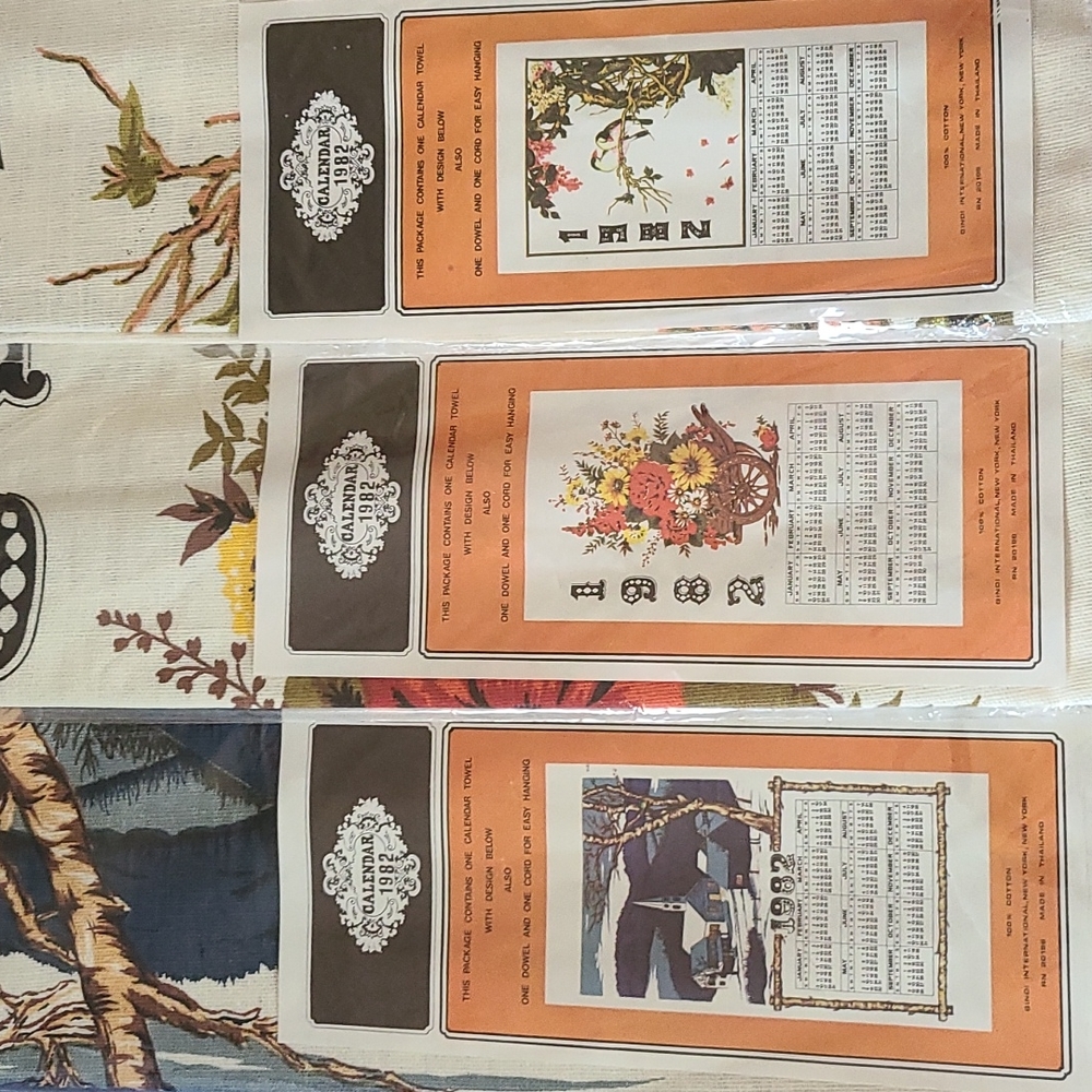 Lot Of 3 Vintage 1982 Calendar Towels Sealed In Original Packs Wall Hanging